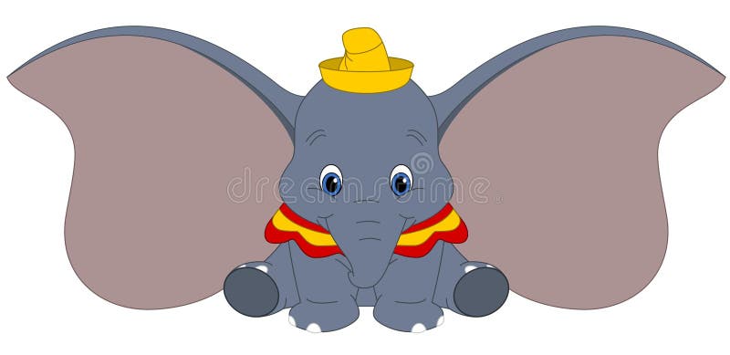 De vectorillustratie van Disney van Dumbo die op witte achtergrond, babyolifant met afluisteraar wordt geïsoleerd, het karakter v