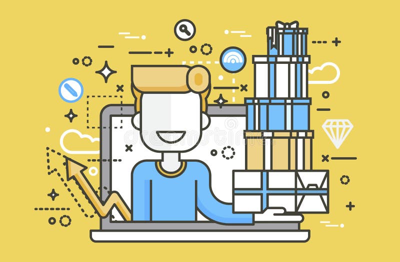 De vectorillustratiemens in laptop notitieboekje met partij van het winkelen verpakkingsdozen van giften ontwerpt element marketi stock illustratie De vectorillustratiemens in laptop notitieboekje met partij van het winkelen verpakkingsdozen van giften ontwerpt element marketi stock illustratie