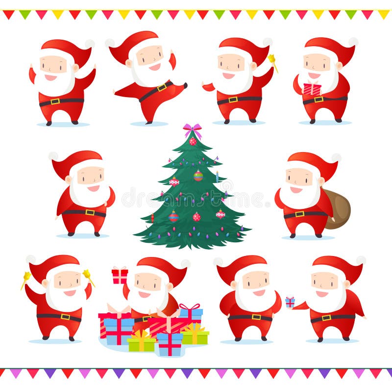 De vectorillustratiereeks van leuke en grappige Santas in verschillend stelt Inzameling van Santa Claus en Kerstboom met vector illustratie De vectorillustratiereeks van leuke en grappige Santas in verschillend stelt Inzameling van Santa Claus en Kerstboom met vector illustratie