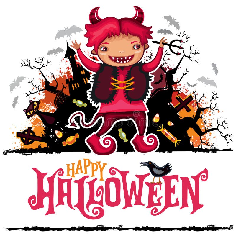 De vectorkaart van Halloween Jongen in duivelskostuum Kinderenreeks royalty-vrije illustratie De vectorkaart van Halloween Jongen in duivelskostuum Kinderenreeks royalty-vrije illustratie