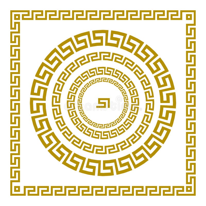 De vectormeander van het reeks Traditionele uitstekende gouden vierkante en ronde Griekse ornament en bloemenpatroon op een zwart vector illustratie De vectormeander van het reeks Traditionele uitstekende gouden vierkante en ronde Griekse ornament en bloemenpatroon op een zwart vector illustratie