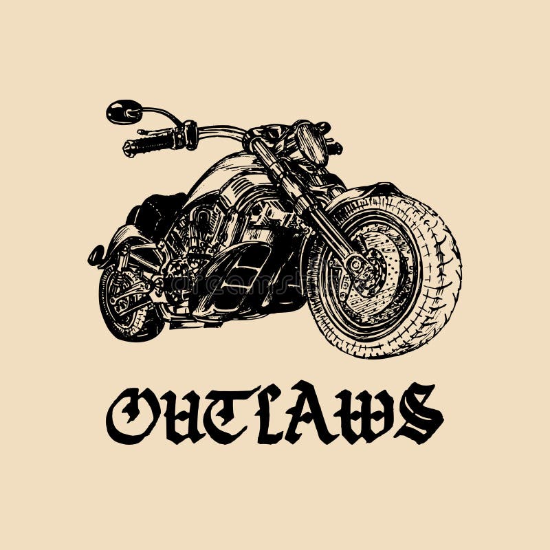 De vectormotorfietsschets met het gotische met de hand geschreven van letters voorzien verbant Uitstekende affiche met douanebijl vector illustratie De vectormotorfietsschets met het gotische met de hand geschreven van letters voorzien verbant Uitstekende affiche met douanebijl vector illustratie