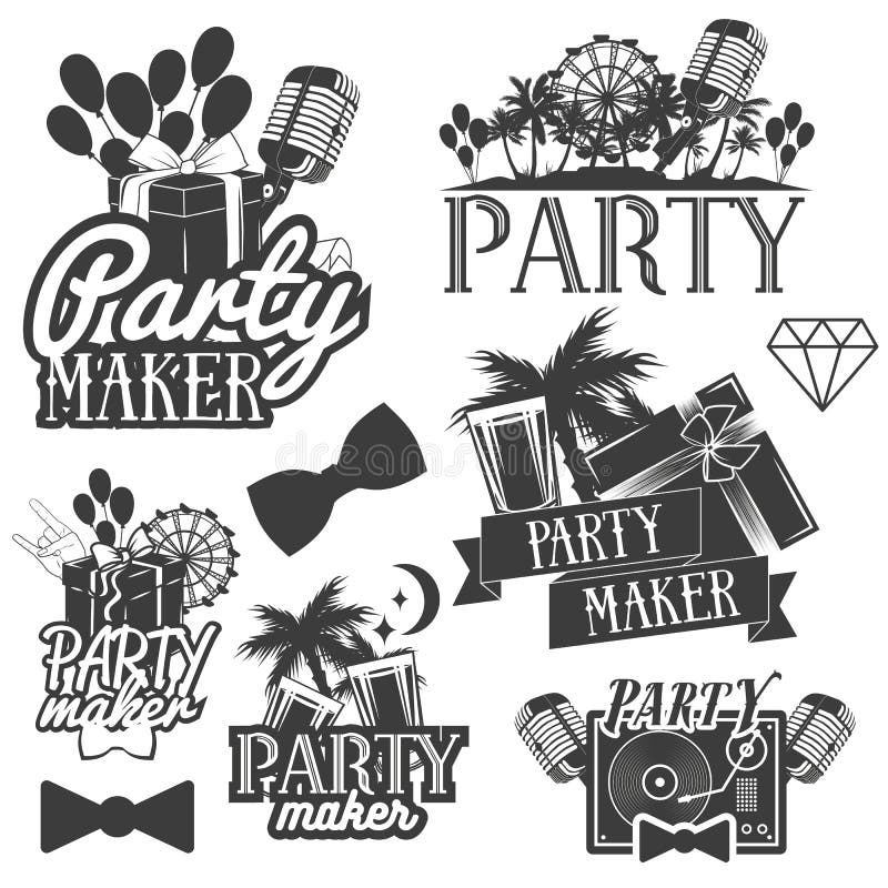 De vectorreeks van de partijmaker emblemen, kentekens, stickers of banners Ontwerpelementen in de uitstekende stijl van Miami Geï royalty-vrije illustratie De vectorreeks van de partijmaker emblemen, kentekens, stickers of banners Ontwerpelementen in de uitstekende stijl van Miami Geï royalty-vrije illustratie