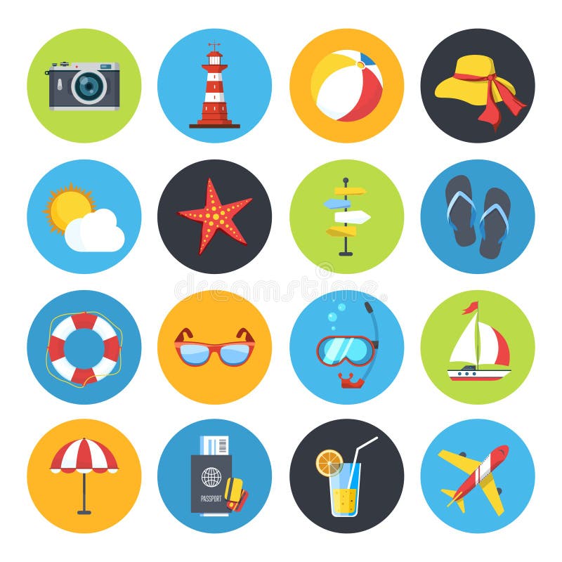 De vectorreeks van het de zomerpictogram Zonsopgang, overzees en vakantiereis royalty-vrije illustratie De vectorreeks van het de zomerpictogram Zonsopgang, overzees en vakantiereis royalty-vrije illustratie