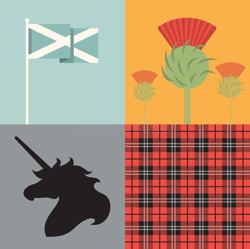 De vectorreeks van het illustratiepictogram van Schotland: vlag, bloem, eenhoorn, geruit Schots wollen stof royalty-vrije illustratie De vectorreeks van het illustratiepictogram van Schotland: vlag, bloem, eenhoorn, geruit Schots wollen stof royalty-vrije illustratie