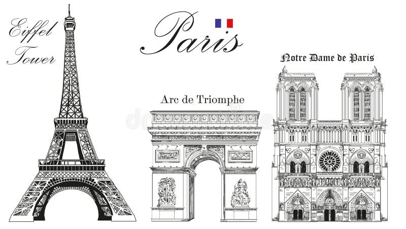 De vectortoren van Eiffel, Triomfantelijke Boog en Notre Dame Cathedral royalty-vrije illustratie De vectortoren van Eiffel, Triomfantelijke Boog en Notre Dame Cathedral royalty-vrije illustratie