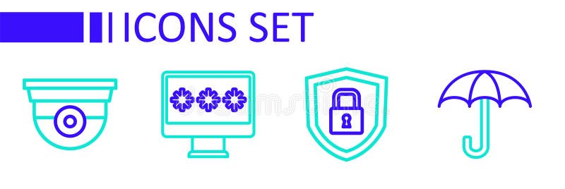 Set line Umbrella Shield security with lock Monitor password and Security camera icon. Vector. Set line Umbrella Shield security with lock Monitor password and Security camera icon. Vector.