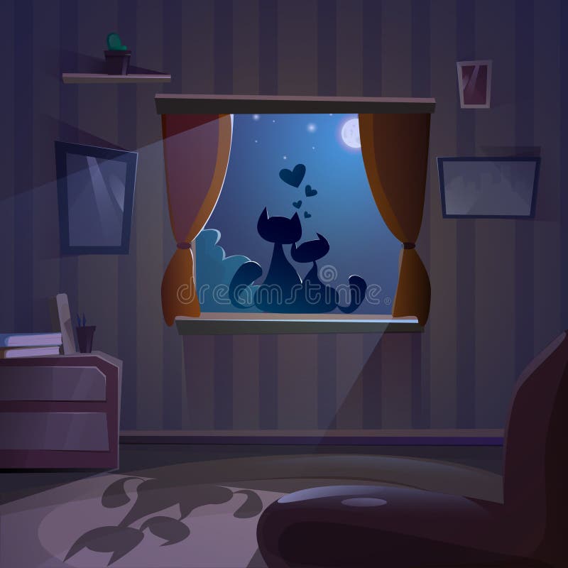 De Vensterbank van Valentine Day Gift Card Holiday Cat Couple Sitting On Window in Maanlicht royalty-vrije illustratie De Vensterbank van Valentine Day Gift Card Holiday Cat Couple Sitting On Window in Maanlicht royalty-vrije illustratie