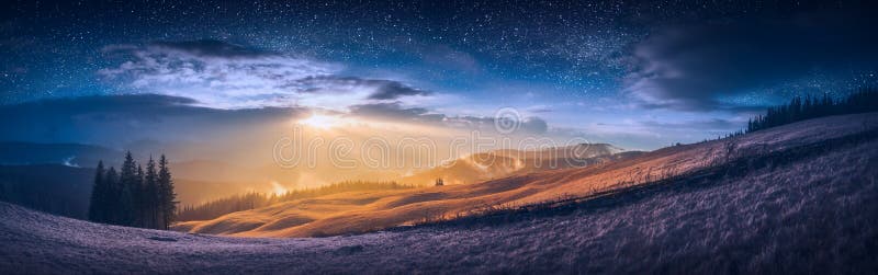De vergadering van dag en nacht in een bergvallei stock fotografie De vergadering van dag en nacht in een bergvallei stock fotografie