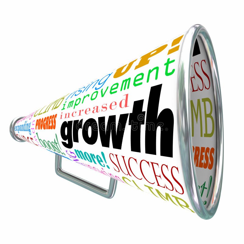 Growth words on a bullhorn or megaphone including improve, increase, rise, boost, expand and advance to illustrate more results in reaching goal and success. Growth words on a bullhorn or megaphone including improve, increase, rise, boost, expand and advance to illustrate more results in reaching goal and success