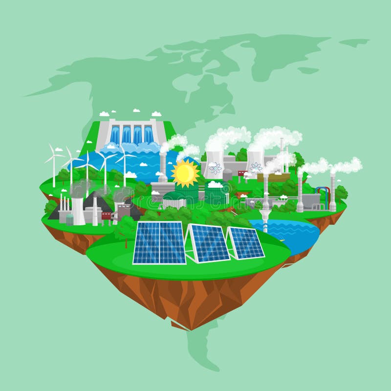 De vernieuwbare pictogrammen van de ecologieenergie, het groene alternatief van de stadsmacht van middelen voorziet concept, mili