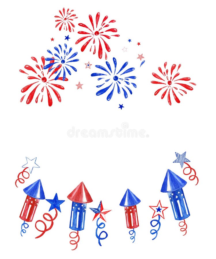 De Vierde banner van juli met vuurwerk en begroetingen op witte achtergrond De feestelijke illustratie van de onafhankelijkheidsd vector illustratie De Vierde banner van juli met vuurwerk en begroetingen op witte achtergrond De feestelijke illustratie van de onafhankelijkheidsd vector illustratie