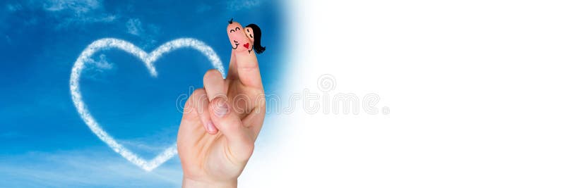 Digital composite of Valentine`s fingers love couple and cloud heart in sky with white transition. Digital composite of Valentine`s fingers love couple and cloud heart in sky with white transition