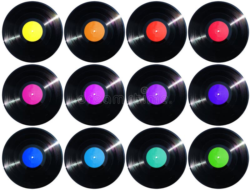 12 vinyl records 1500px height size and labels in different colors isolated on white. Clippling paths included. 12 vinyl records 1500px height size and labels in different colors isolated on white. Clippling paths included.