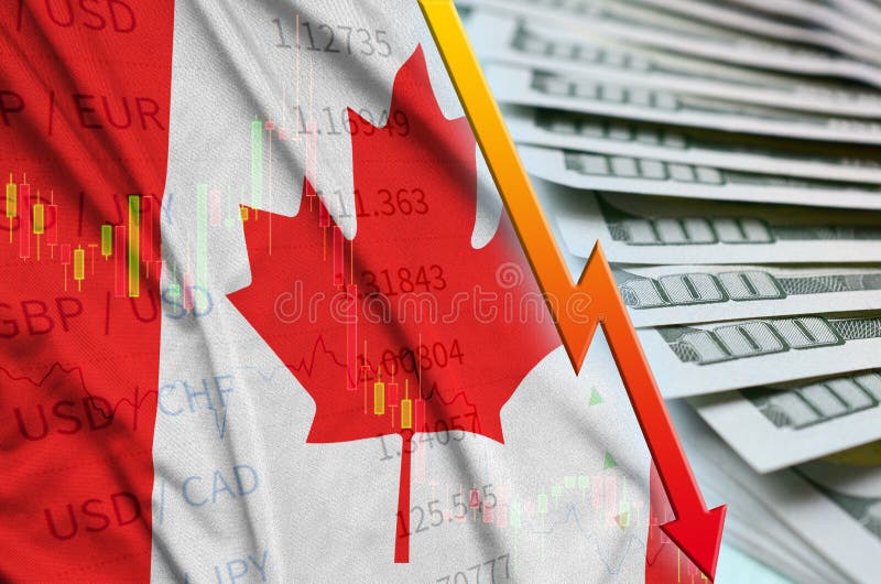 De vlag en de grafiek dalende Amerikaanse dollarpositie van Canada met een ventilator van dollarrekeningen royalty-vrije stock foto's De vlag en de grafiek dalende Amerikaanse dollarpositie van Canada met een ventilator van dollarrekeningen royalty-vrije stock foto's