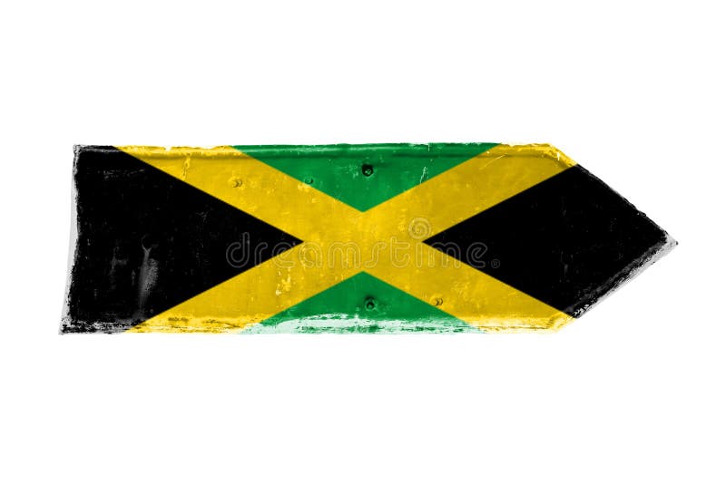 De vlag en de kleuren van Jamaïca groen, geel en zwart over pijlvorm van een roestige en grunge plaat van het metaalijzer stock foto's De vlag en de kleuren van Jamaïca groen, geel en zwart over pijlvorm van een roestige en grunge plaat van het metaalijzer stock foto's