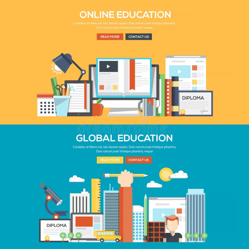 De vlakke banner van het ontwerpconcept - Online en Globaal Onderwijs stock illustratie De vlakke banner van het ontwerpconcept - Online en Globaal Onderwijs stock illustratie