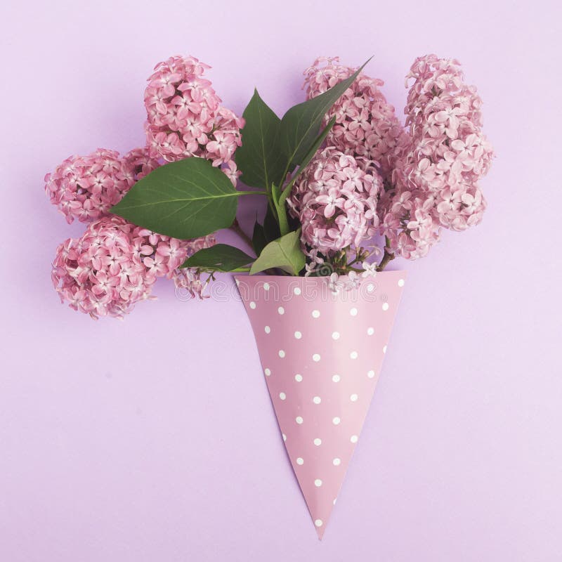 De vlakke bos van lilac bloemen in document kegel op purpere achtergrond van hierboven, legt stock afbeelding De vlakke bos van lilac bloemen in document kegel op purpere achtergrond van hierboven, legt stock afbeelding