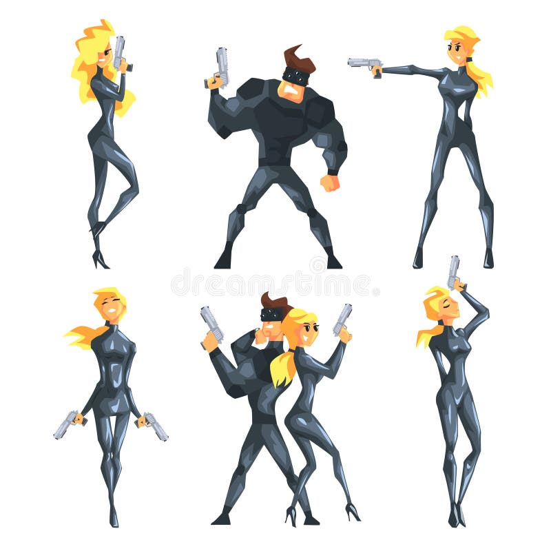 De vlakke die vector met geheimagenten in verschillend wordt geplaatst stelt met kanonnen in handen Sexy blond meisje en knappe s royalty-vrije illustratie De vlakke die vector met geheimagenten in verschillend wordt geplaatst stelt met kanonnen in handen Sexy blond meisje en knappe s royalty-vrije illustratie