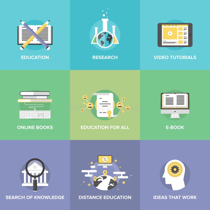 De vlakke geplaatste pictogrammen van het afstandsonderwijs vector illustratie De vlakke geplaatste pictogrammen van het afstandsonderwijs vector illustratie