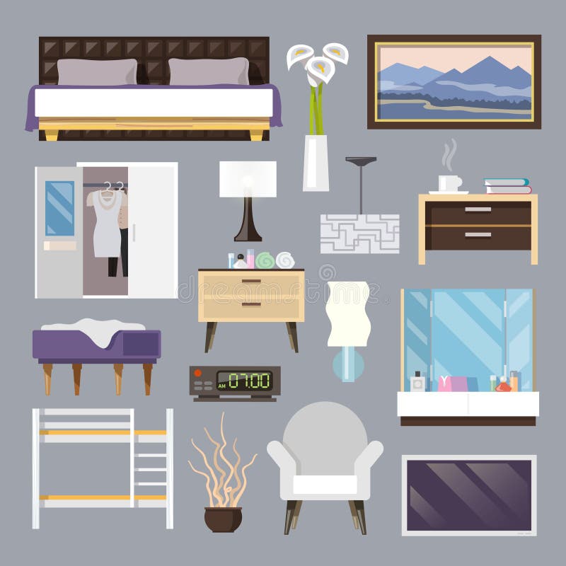 De Vlakke Geplaatste Pictogrammen van het slaapkamermeubilair vector illustratie De Vlakke Geplaatste Pictogrammen van het slaapkamermeubilair vector illustratie
