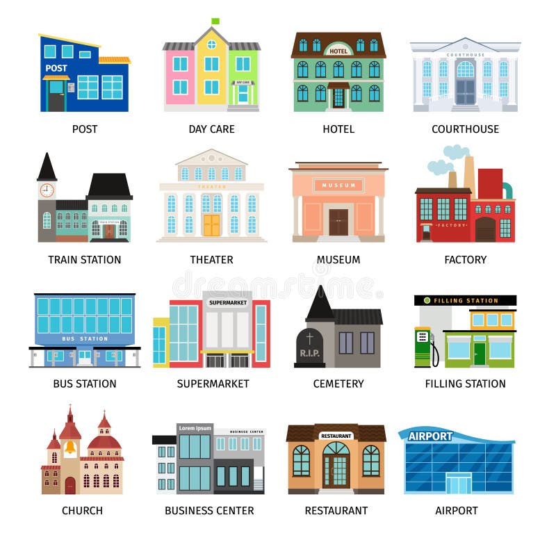 City buildings flat icons on white. Daycare and hotel, courthouse and airport, bus station and the business center. Vector illustration. City buildings flat icons on white. Daycare and hotel, courthouse and airport, bus station and the business center. Vector illustration