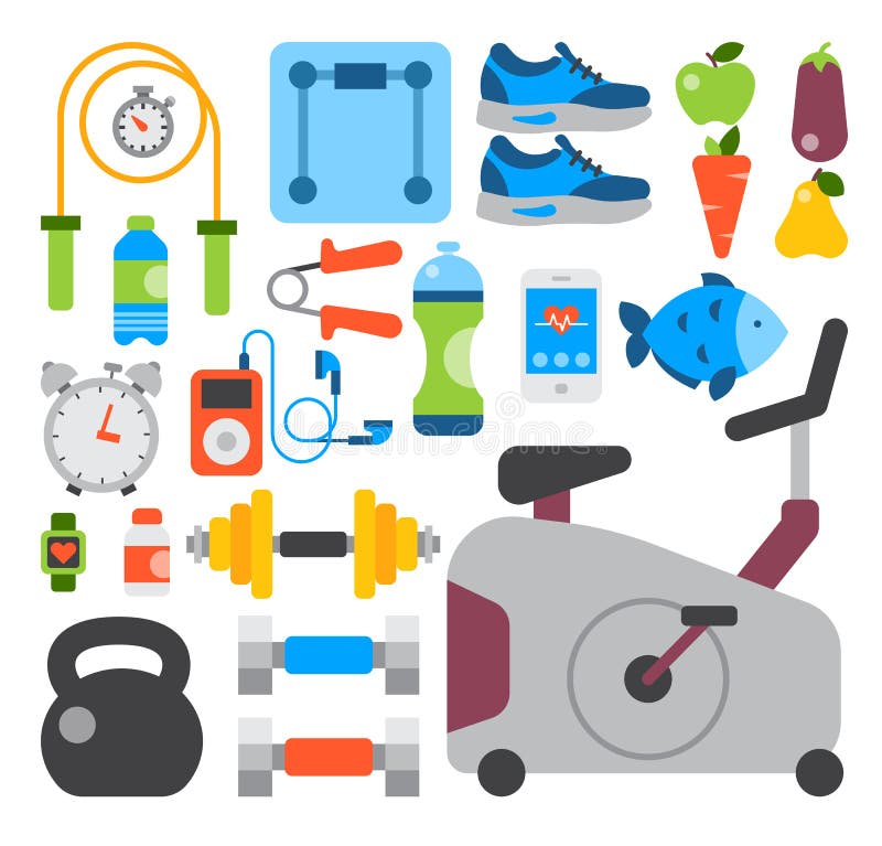De vlakke pictogrammenreeks van fitness sport en de gezonde levensstijl oefenen van het het welzijnslichaam van dieetvoedselsuppl vector illustratie De vlakke pictogrammenreeks van fitness sport en de gezonde levensstijl oefenen van het het welzijnslichaam van dieetvoedselsuppl vector illustratie