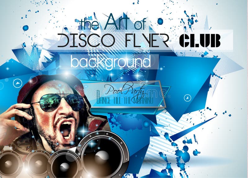 De Vlieger van de clubdisco met DJs en Kleurrijke achtergronden wordt geplaatst die stock illustratie De Vlieger van de clubdisco met DJs en Kleurrijke achtergronden wordt geplaatst die stock illustratie