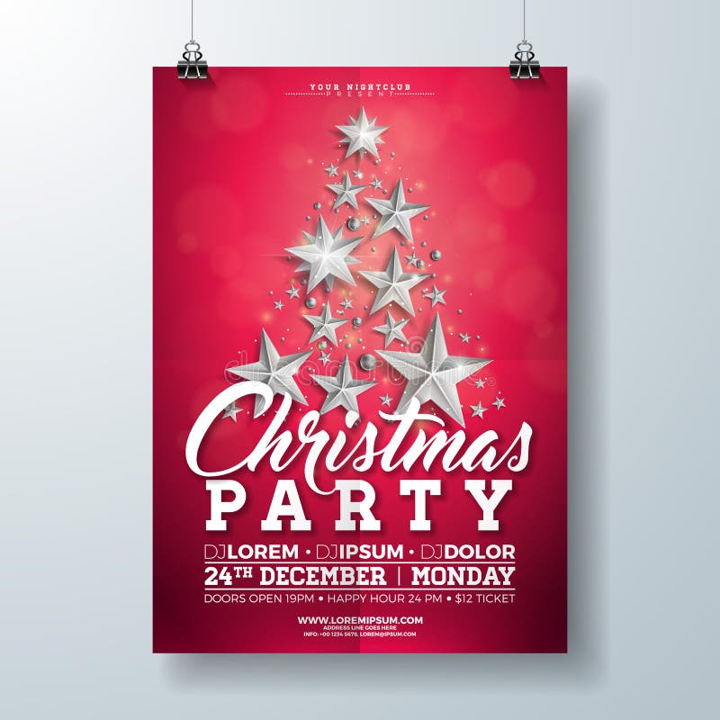 De Vliegerillustratie van de Kerstmispartij met Zilveren Sterren en Typografie het Van letters voorzien op Rode Achtergrond Vecto royalty-vrije illustratie De Vliegerillustratie van de Kerstmispartij met Zilveren Sterren en Typografie het Van letters voorzien op Rode Achtergrond Vecto royalty-vrije illustratie