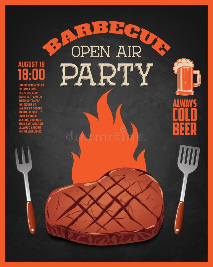 De vliegermalplaatje van de barbecue openluchtpartij Geroosterd vlees op dark royalty-vrije illustratie De vliegermalplaatje van de barbecue openluchtpartij Geroosterd vlees op dark royalty-vrije illustratie