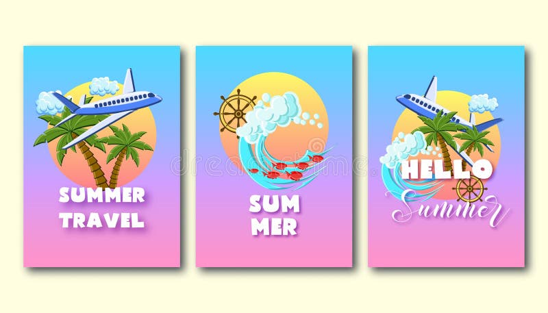 De vliegers van de de zomervakantie met palmen, vliegtuig, oceaangolven, schipwiel, op de zonsonderganghemel die worden geplaatst stock illustratie De vliegers van de de zomervakantie met palmen, vliegtuig, oceaangolven, schipwiel, op de zonsonderganghemel die worden geplaatst stock illustratie