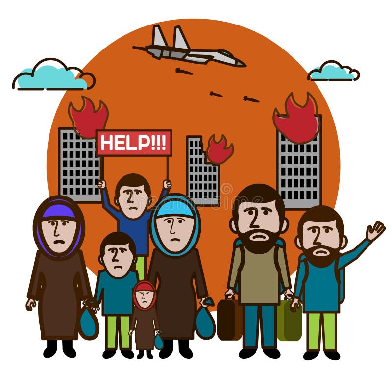 De vluchtelingen ontsnappen van het bombarderen Help ons Internationale migranten DA royalty-vrije illustratie De vluchtelingen ontsnappen van het bombarderen Help ons Internationale migranten DA royalty-vrije illustratie