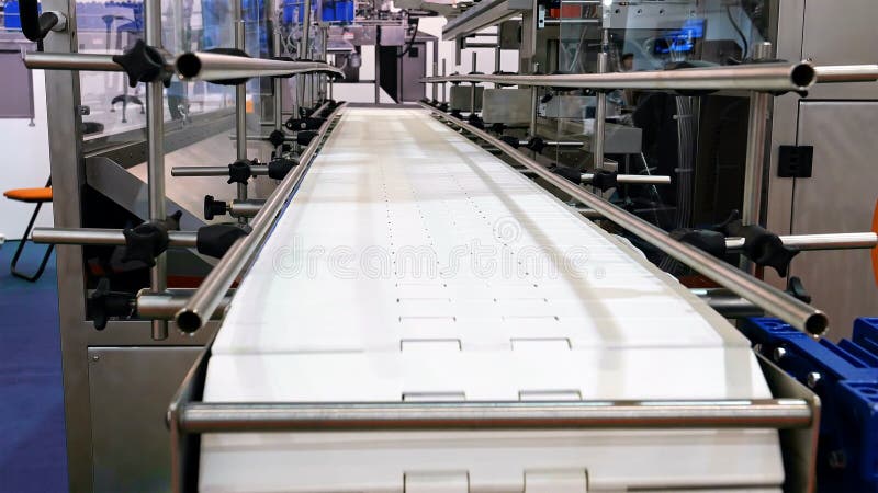 De voedselfabriek automatiseerde robotachtige transportbandlijn royalty-vrije stock afbeelding De voedselfabriek automatiseerde robotachtige transportbandlijn royalty-vrije stock afbeelding