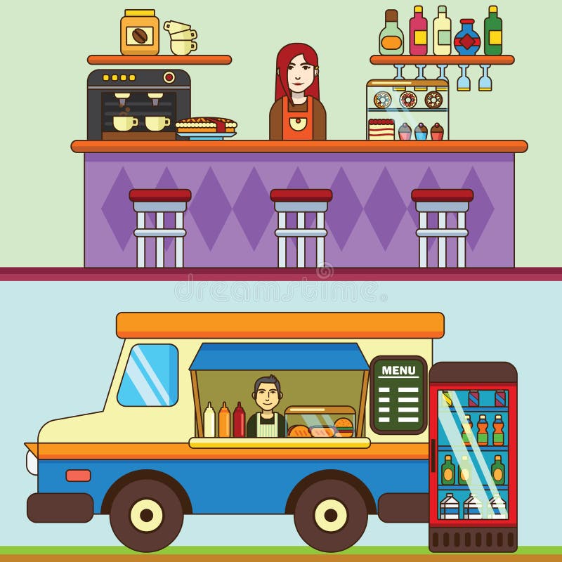 De voedselvrachtwagen, de koffieauto op de straat, de Bakkerij en de koffie winkelen Het binnenland van de koffie stock illustratie De voedselvrachtwagen, de koffieauto op de straat, de Bakkerij en de koffie winkelen Het binnenland van de koffie stock illustratie