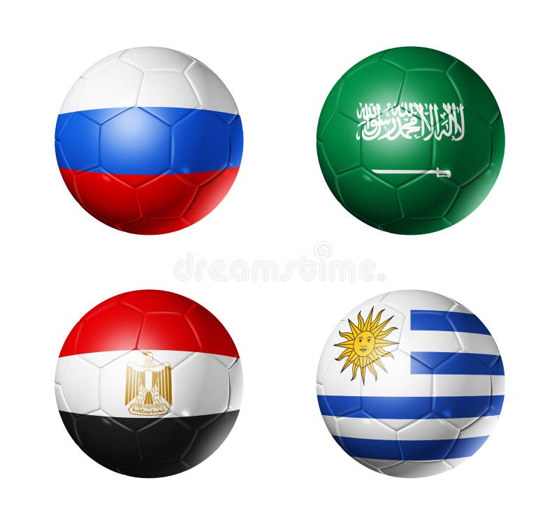 De voetbal 2018 van Rusland groepeert a-vlaggen op voetbalballen stock illustratie De voetbal 2018 van Rusland groepeert a-vlaggen op voetbalballen stock illustratie