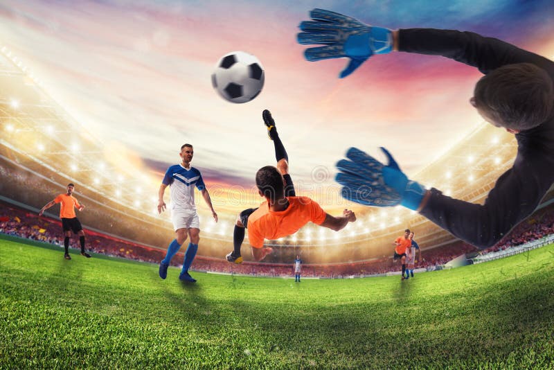De voetbalstriker raakt de bal met een acrobatische fietsschop het 3d teruggeven royalty-vrije stock fotografie De voetbalstriker raakt de bal met een acrobatische fietsschop het 3d teruggeven royalty-vrije stock fotografie