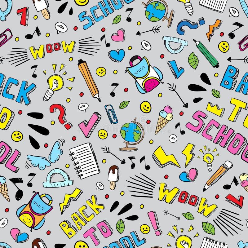 De volta ao teste padrão sem emenda do vetor engraçado da escola Fontes de escola preto e branco e elementos criativos Arte final ilustração stock De volta ao teste padrão sem emenda do vetor engraçado da escola Fontes de escola preto e branco e elementos criativos Arte final ilustração stock