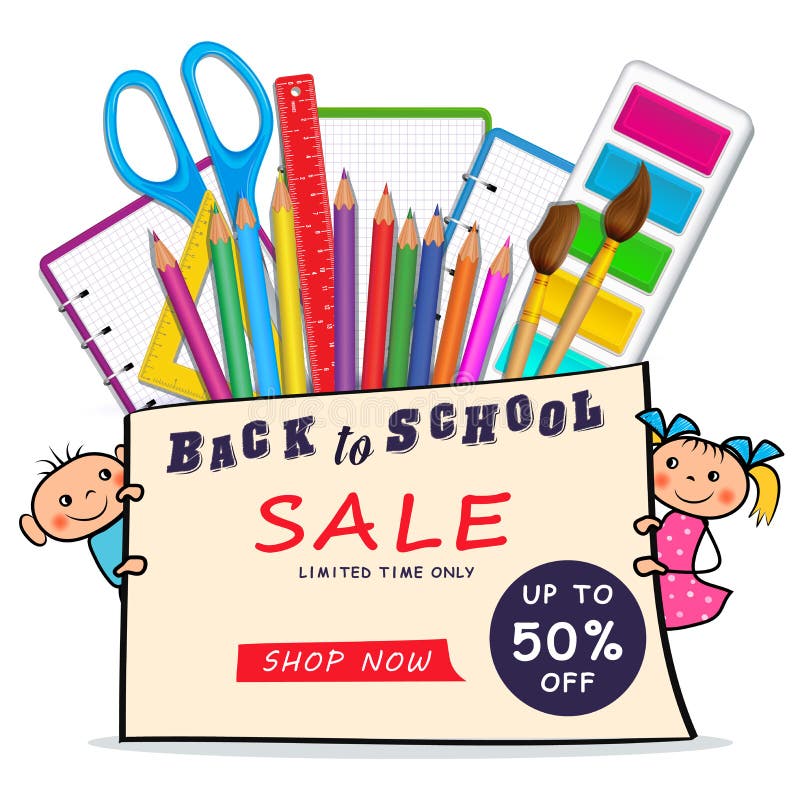 De volta à bandeira da Web da venda da escola com as crianças coloridas realísticas das fontes e do menino e da menina dos desenh ilustração stock De volta à bandeira da Web da venda da escola com as crianças coloridas realísticas das fontes e do menino e da menina dos desenh ilustração stock