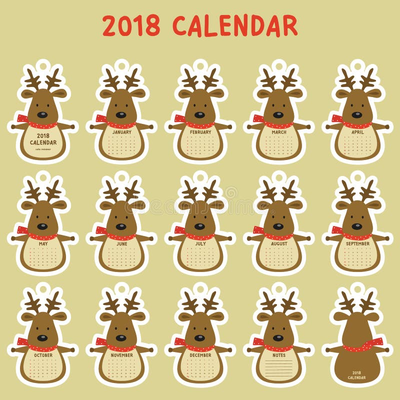 De voor het drukken geschikte Kalender van 2018 Leuke het Beeldverhaalvector van de Rendier 2018 Kalender stock illustratie De voor het drukken geschikte Kalender van 2018 Leuke het Beeldverhaalvector van de Rendier 2018 Kalender stock illustratie