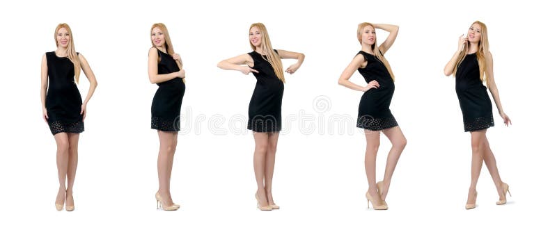 De vrij zwangere vrouw in mini zwarte die kleding op wit wordt geïsoleerd royalty-vrije stock foto's De vrij zwangere vrouw in mini zwarte die kleding op wit wordt geïsoleerd royalty-vrije stock foto's