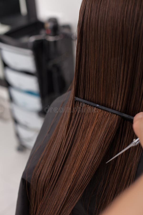 De vrolijke jonge vrouw krijgt haar haarbesnoeiing stock afbeelding De vrolijke jonge vrouw krijgt haar haarbesnoeiing stock afbeelding