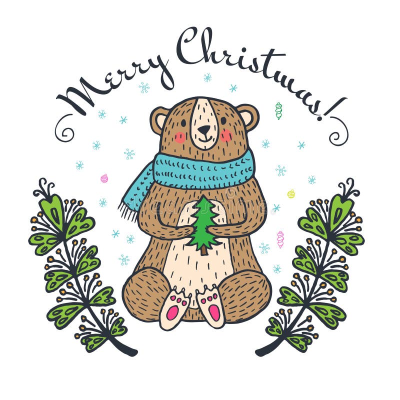 De vrolijke kaart van de Kerstmisgroet met teddybeer vector illustratie De vrolijke kaart van de Kerstmisgroet met teddybeer vector illustratie