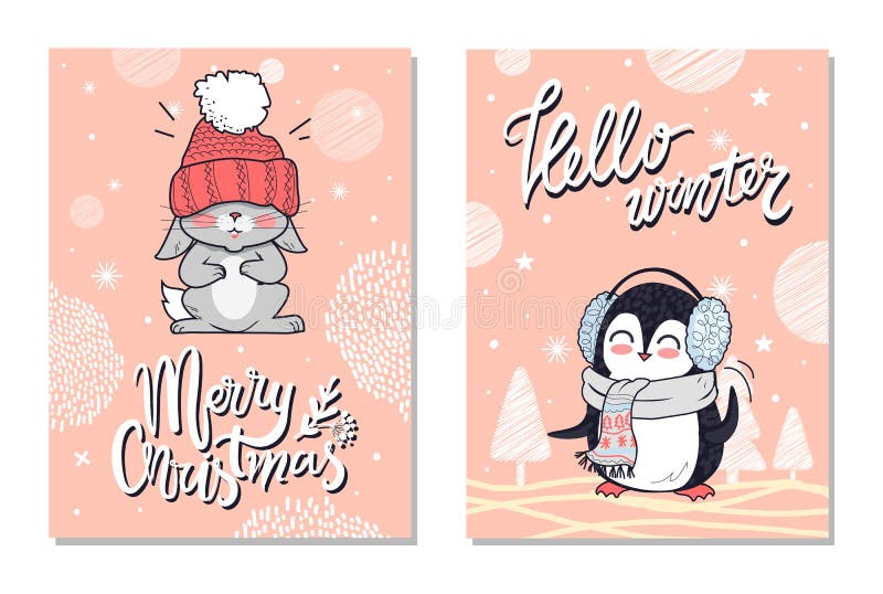 De vrolijke Kaarten van de Kerstmisgroet met Pinguïnkonijn royalty-vrije illustratie De vrolijke Kaarten van de Kerstmisgroet met Pinguïnkonijn royalty-vrije illustratie