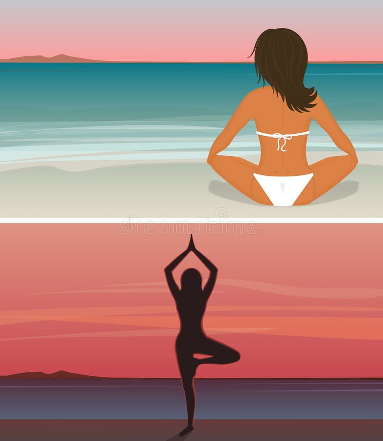 De vrouw doet yoga op het zonsondergangstrand royalty-vrije illustratie De vrouw doet yoga op het zonsondergangstrand royalty-vrije illustratie