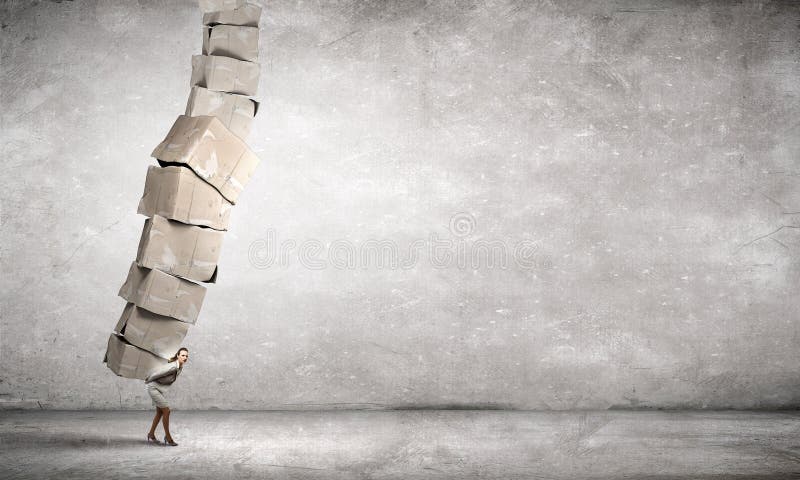 Businesswoman carrying big stack of carton boxes on her back. Businesswoman carrying big stack of carton boxes on her back