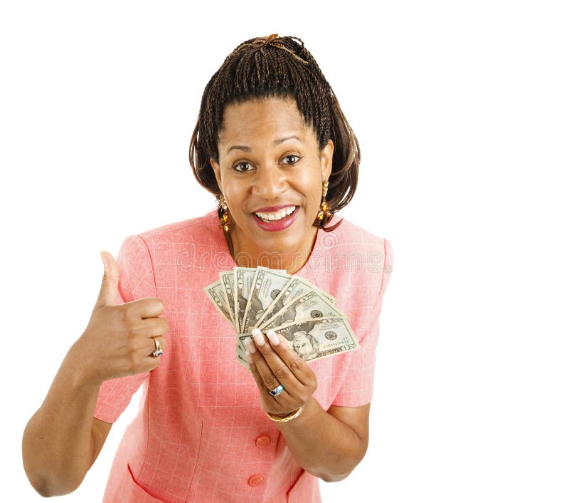 Beautiful African-american businesswoman holding a hand full of cash and giving a thumbsup sign. Isolated on white. Beautiful African-american businesswoman holding a hand full of cash and giving a thumbsup sign. Isolated on white