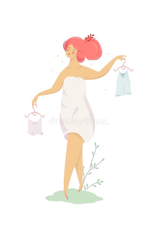 De vrouw kiest kleren Meisje die een hanger houden stock illustratie De vrouw kiest kleren Meisje die een hanger houden stock illustratie