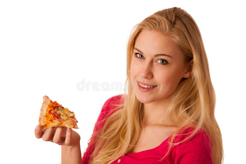 De vrouw met plak van heerlijke pizza, kan niet wachten om daarin te bijten royalty-vrije stock afbeelding De vrouw met plak van heerlijke pizza, kan niet wachten om daarin te bijten royalty-vrije stock afbeelding