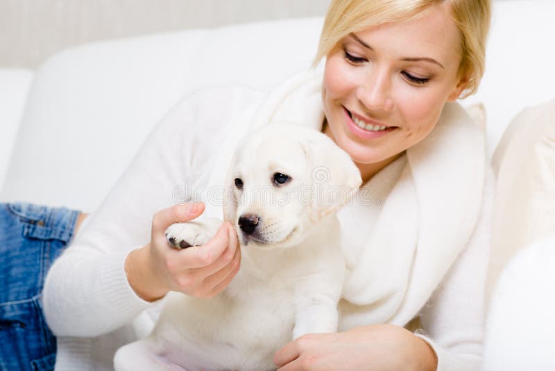 De vrouw is op de bank met wit puppy stock foto's De vrouw is op de bank met wit puppy stock foto's