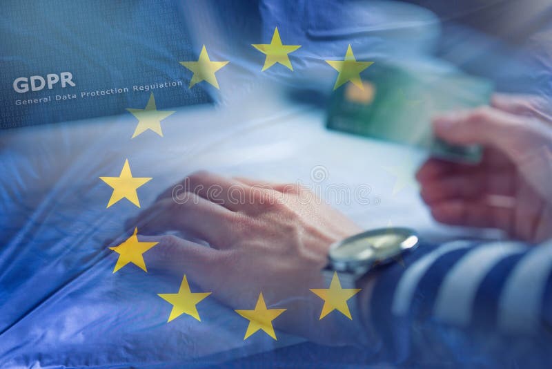 Woman hands laptop credit card and European Union flag with text GDPR - General Data Protection Regulation. Woman hands laptop credit card and European Union flag with text GDPR - General Data Protection Regulation.